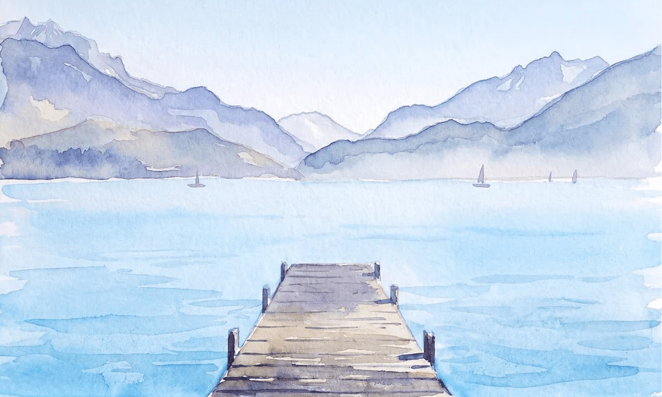 Papier peint aquarelle ponton lac Annecy - Perspective - Muralconcept