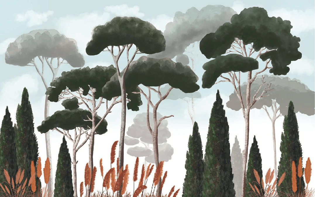 Papier peint sur mesure cyprès pins et herbes de la pampa - Muralconcept