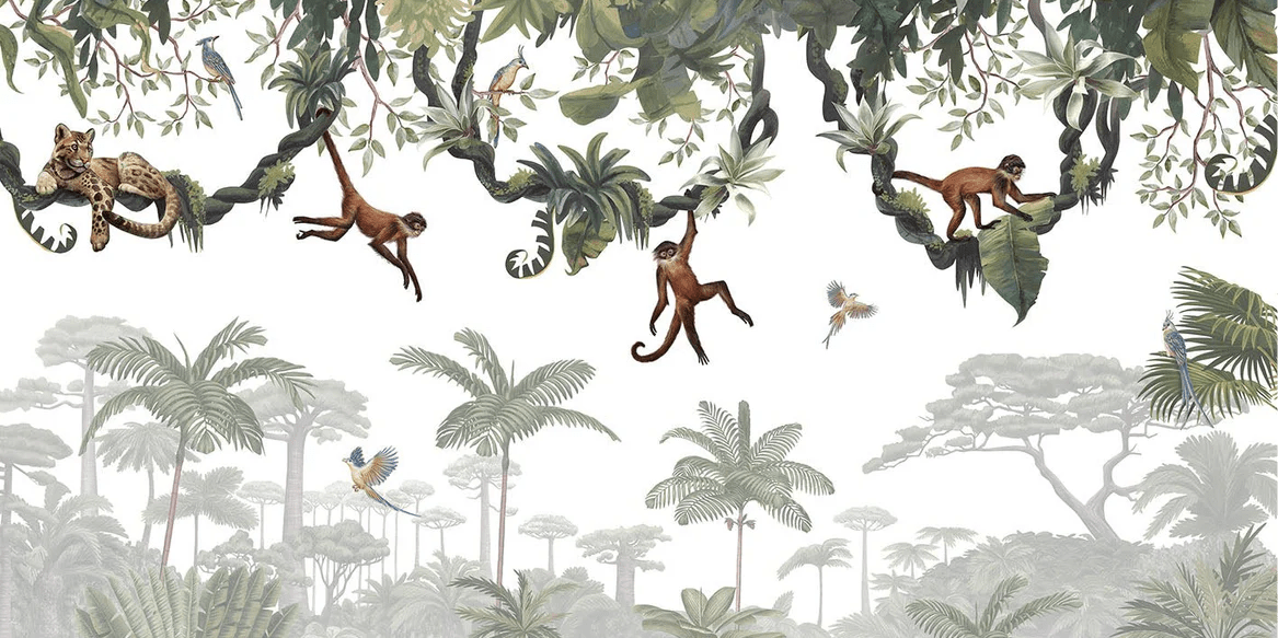 Papier peint enfant jeu de singes - Muralconcept