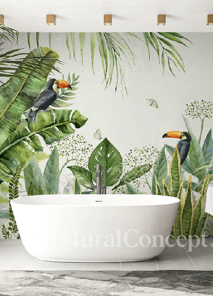 Papier peint salle de bain jungle oiseau exotique - Muralconcept