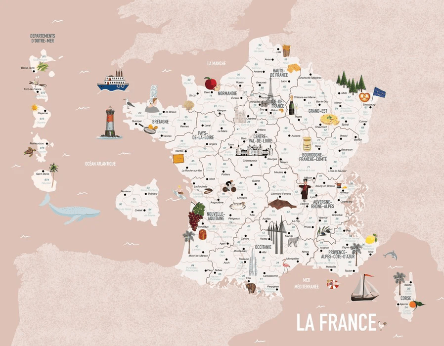 Papier peint enfant carte France rosé