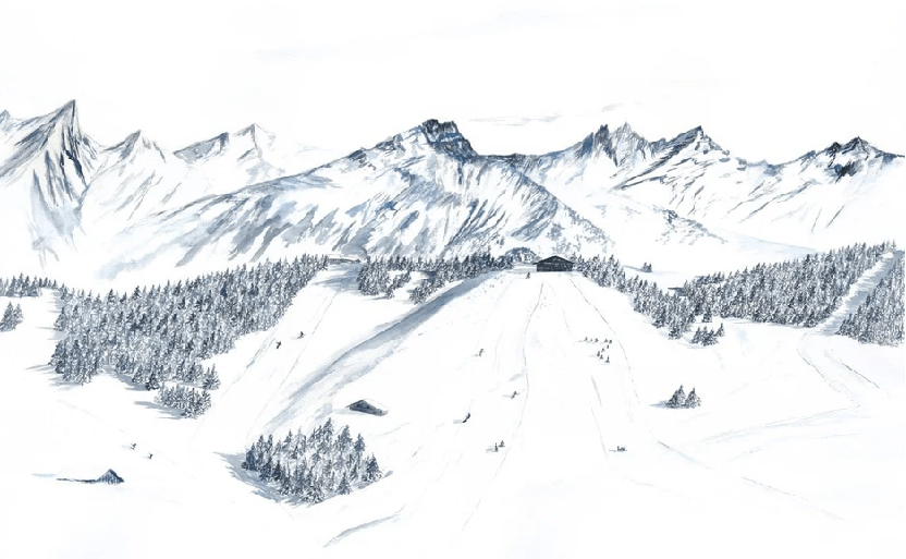 Papier peint montagne Megève – Fresque artistique peinte à la main - Muralconcept