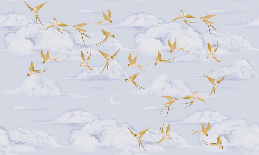 Papier peint nuage poétique oiseau or - Muralconcept