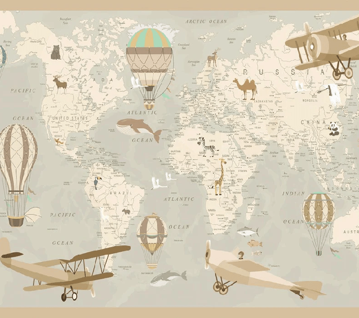 Papier peint enfant carte du monde aviateur - Muralconcept