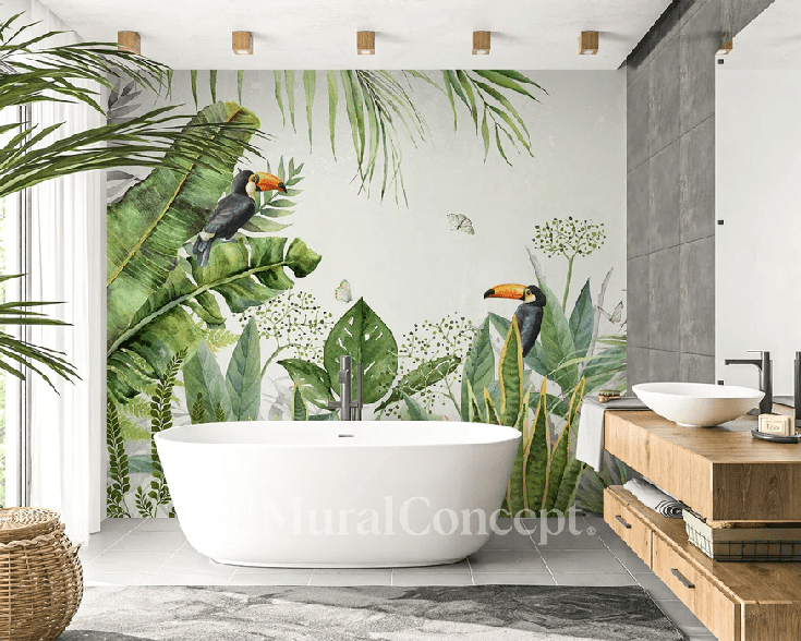 Papier peint salle de bain jungle oiseau exotique - Muralconcept