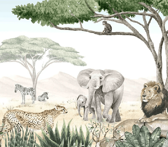 Papier peint enfant savane en peinture - Muralconcept