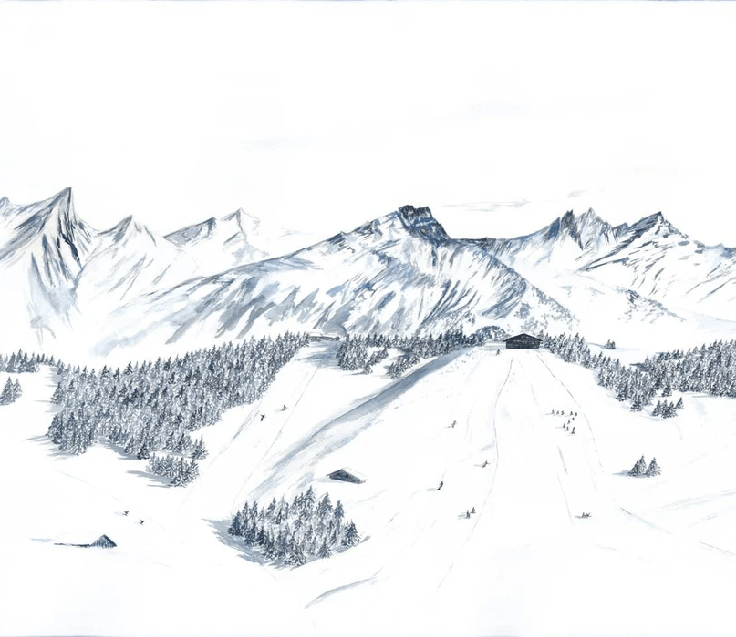 Papier peint montagne Megève – Fresque artistique peinte à la main - Muralconcept