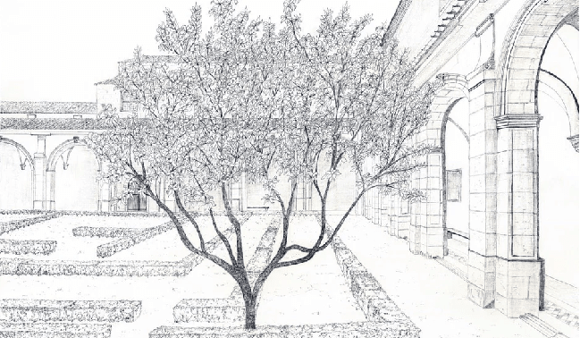 Papier peint panoramique sous les arcades – Jardin en gravure - Muralconcept