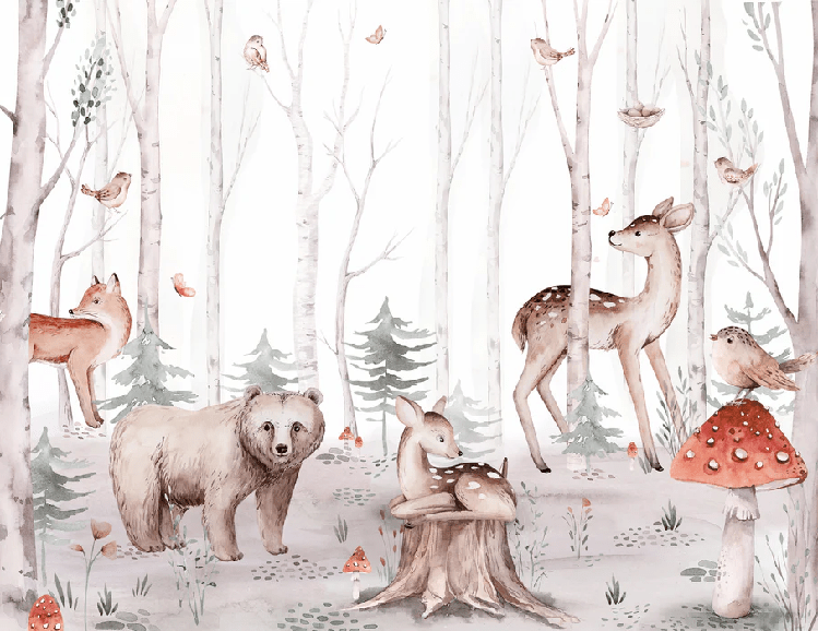 Papier peint aquarelle enfant animaux forêt - Muralconcept