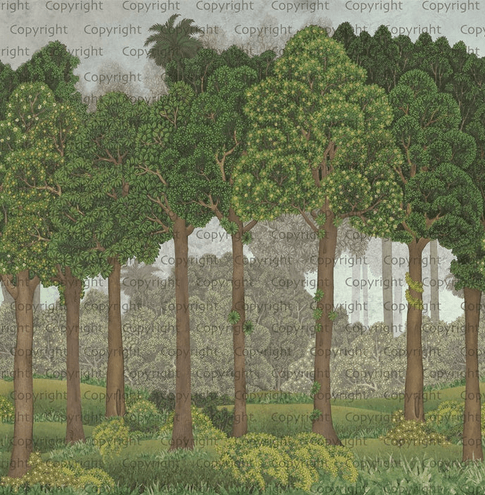 Carta da parati con grandi alberi illustrati