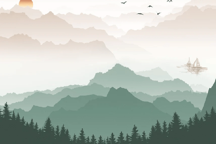 Carta da parati montagna nella nebbia terracotta