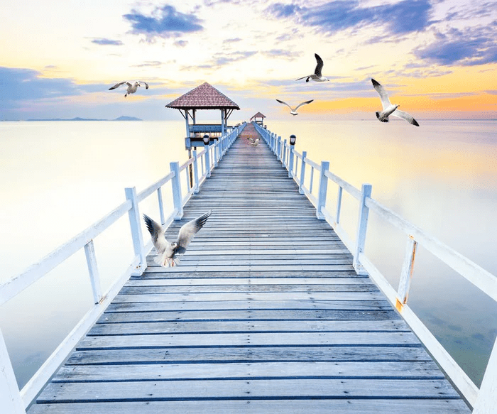 Papier peint trompe l’œil Ponton vue sur mer - Muralconcept