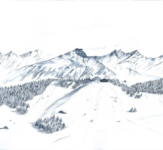 Papier peint montagne Megève – Fresque artistique peinte à la main - Muralconcept