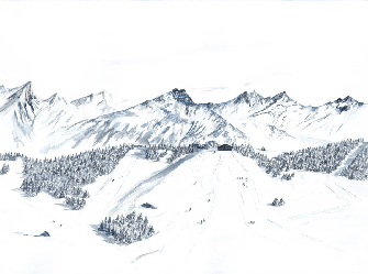 Papier peint montagne Megève – Fresque artistique peinte à la main - Muralconcept