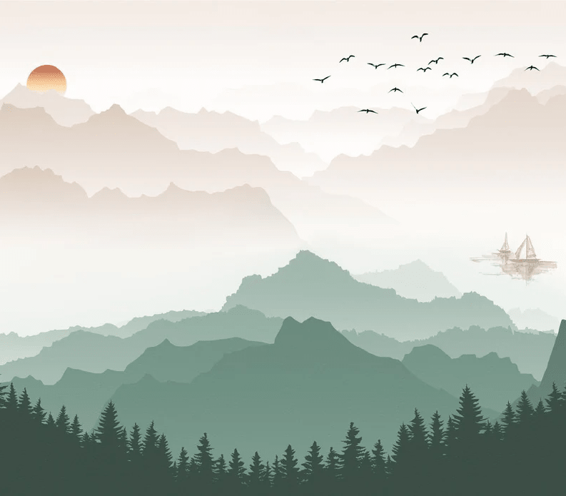 Papier peint montagne dans brume terracotta - Muralconcept