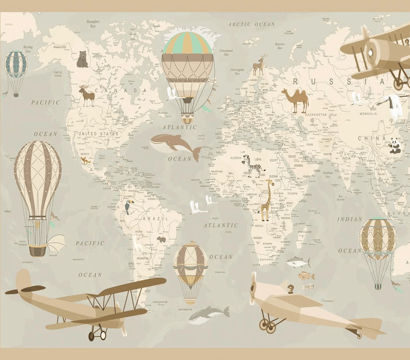 Papier peint enfant carte du monde aviateur, XXL, tendance