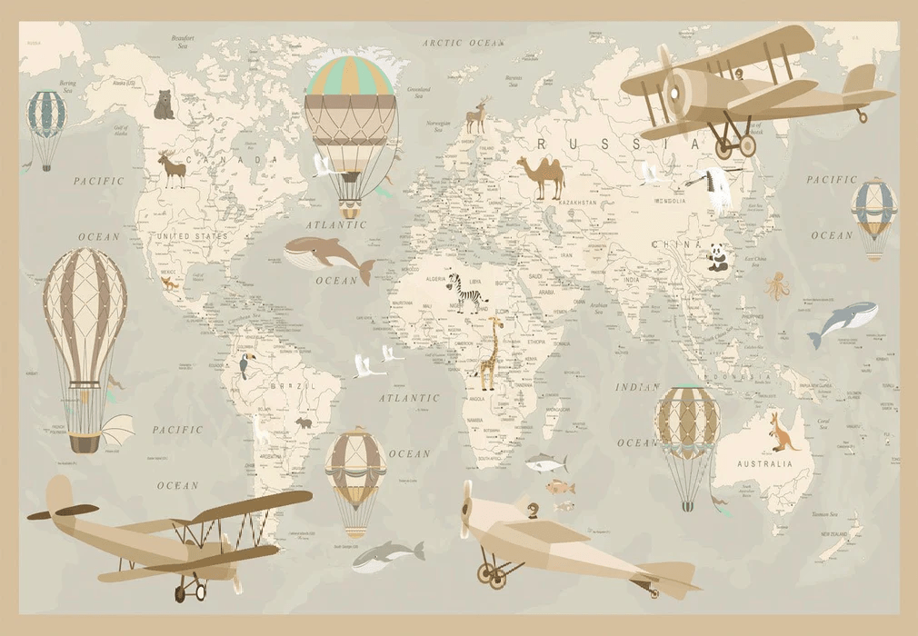 Papier peint enfant carte du monde aviateur - Muralconcept
