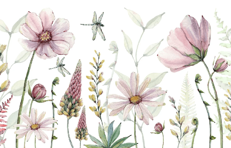 Carta da parati con fiori e libellule