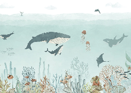 Papier peint bébé baleines bleu - Muralconcept