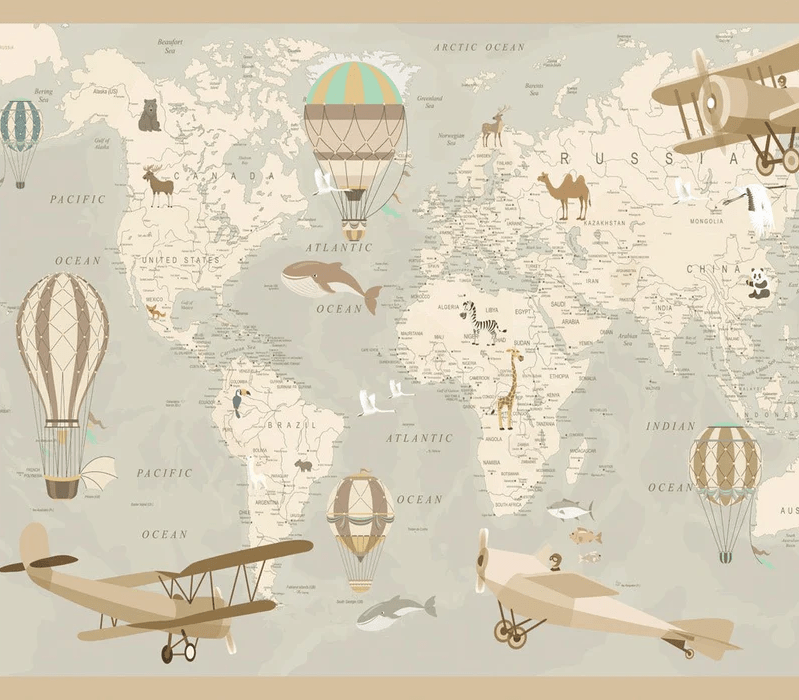 Papier peint enfant carte du monde aviateur