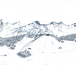 Papier peint montagne Megève – Fresque artistique peinte à la main - Muralconcept
