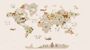 Carte du monde illustrée Animaux beige - Muralconcept