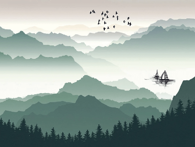 Carta da parati con montagne e barche a vela sul lago