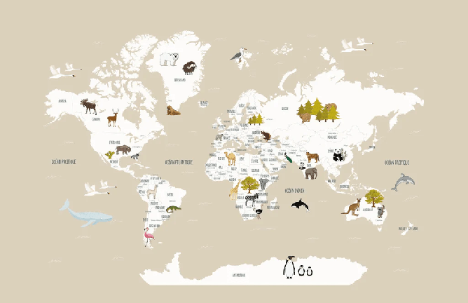 Carta da parati con mappamondo francese per bambini, beige