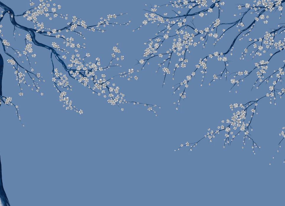 Papier peint panoramique fleur Sakura bleuté