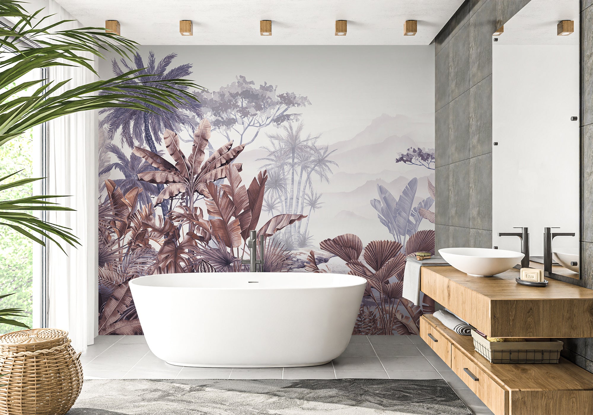 Papier peint salle de bain tendance tropical violet, XXL, tendance