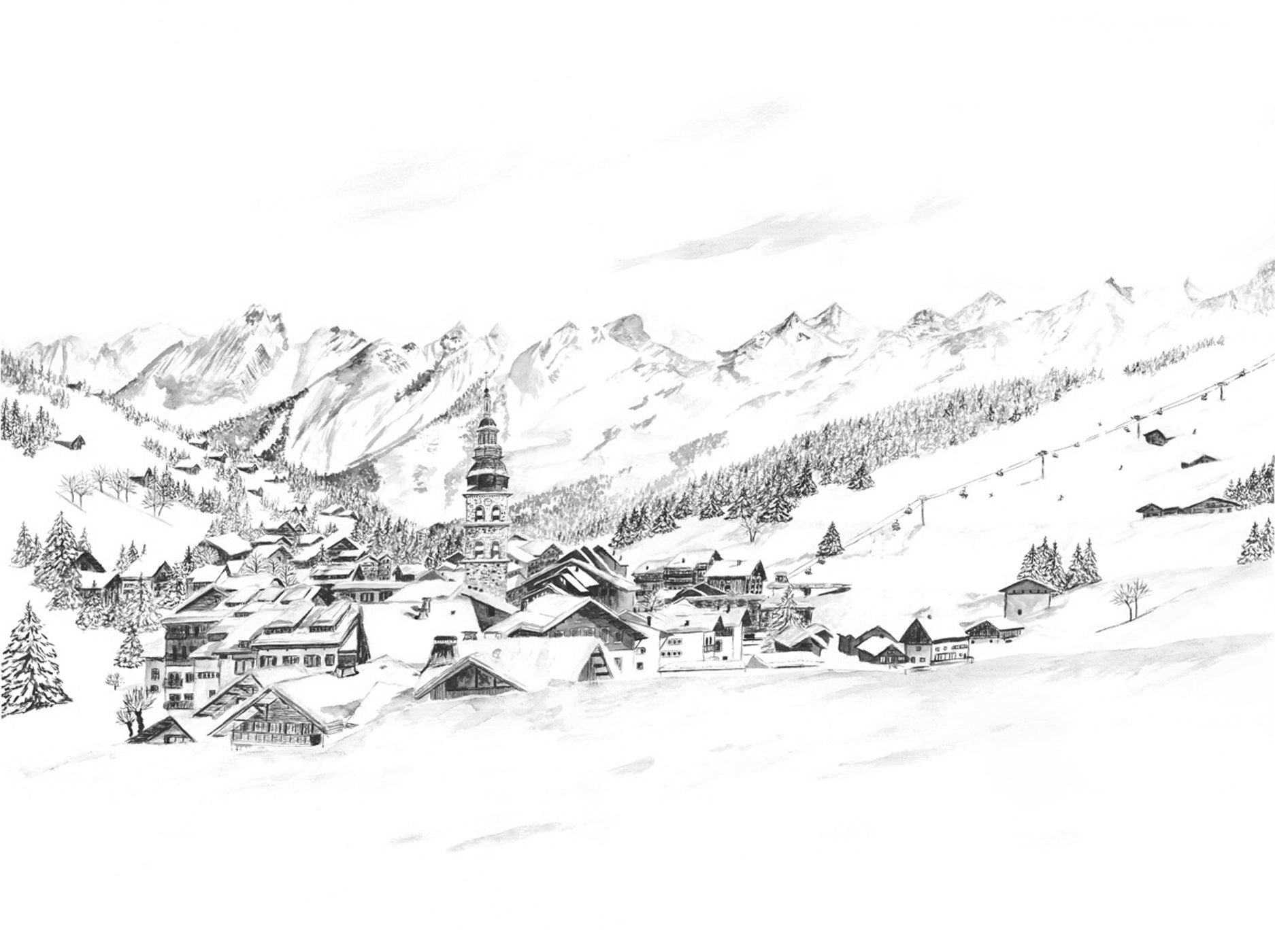 Papier peint panoramique La Clusaz en peinture - Noir et blanc