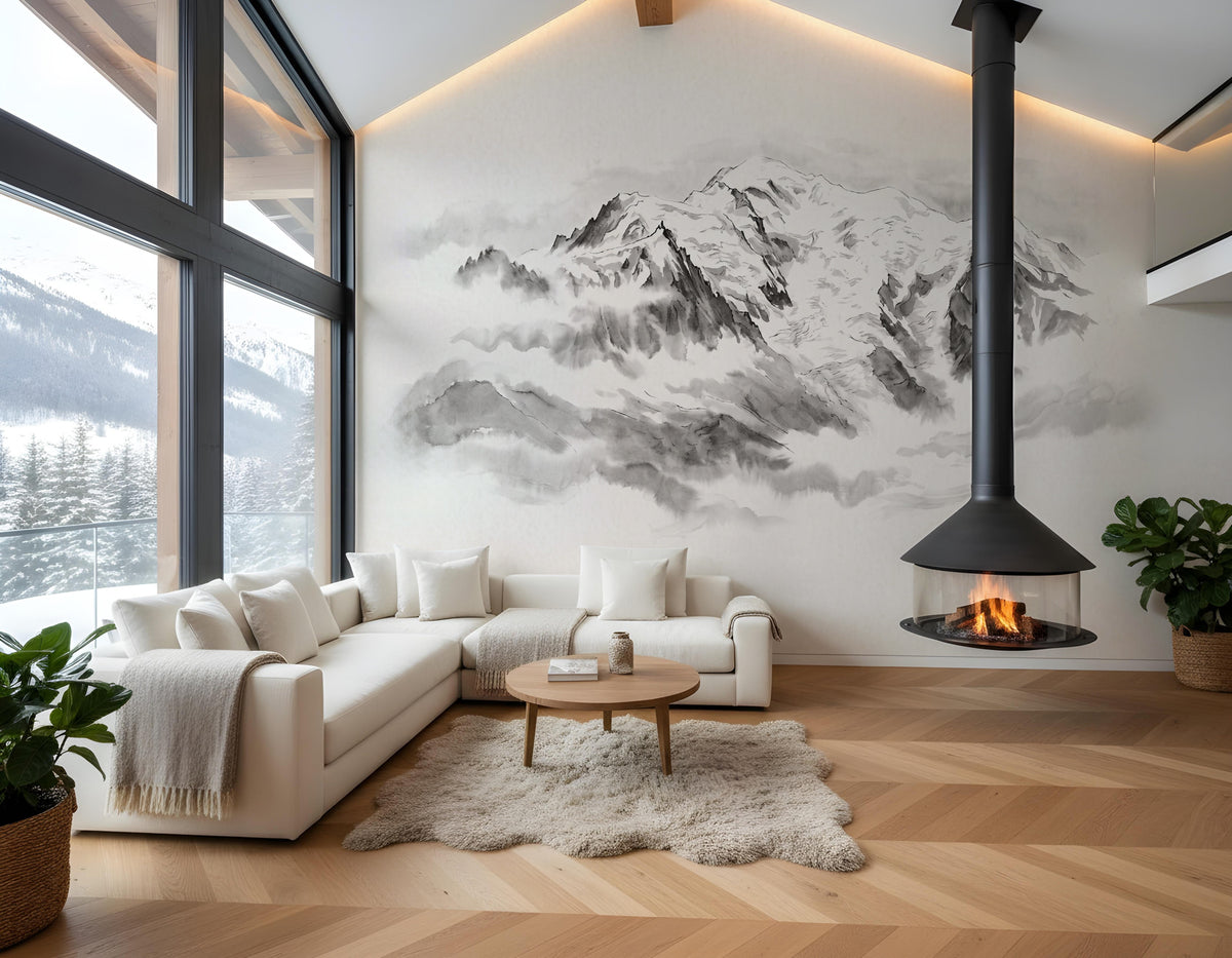 Carta da parati panoramica del Monte Bianco realizzata con inchiostro di china – affreschi avvolti dalla nebbia