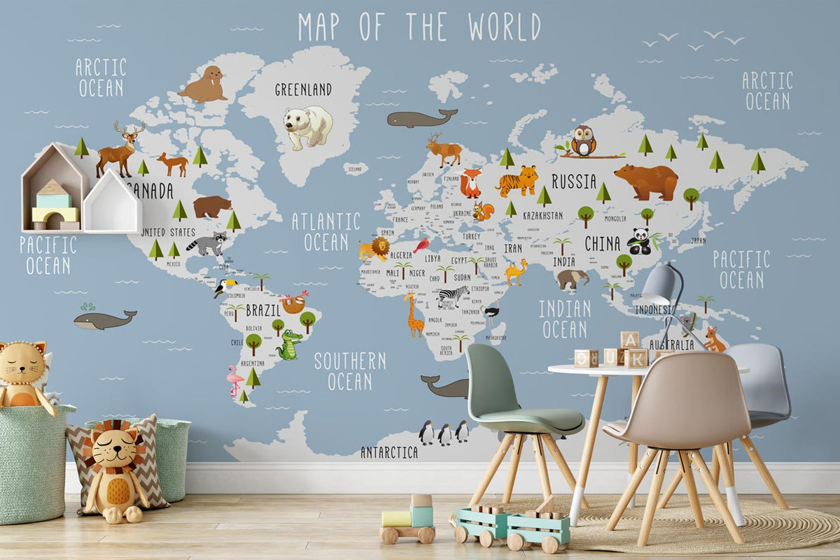 Animali illustrati mappa del mondo carta da parati