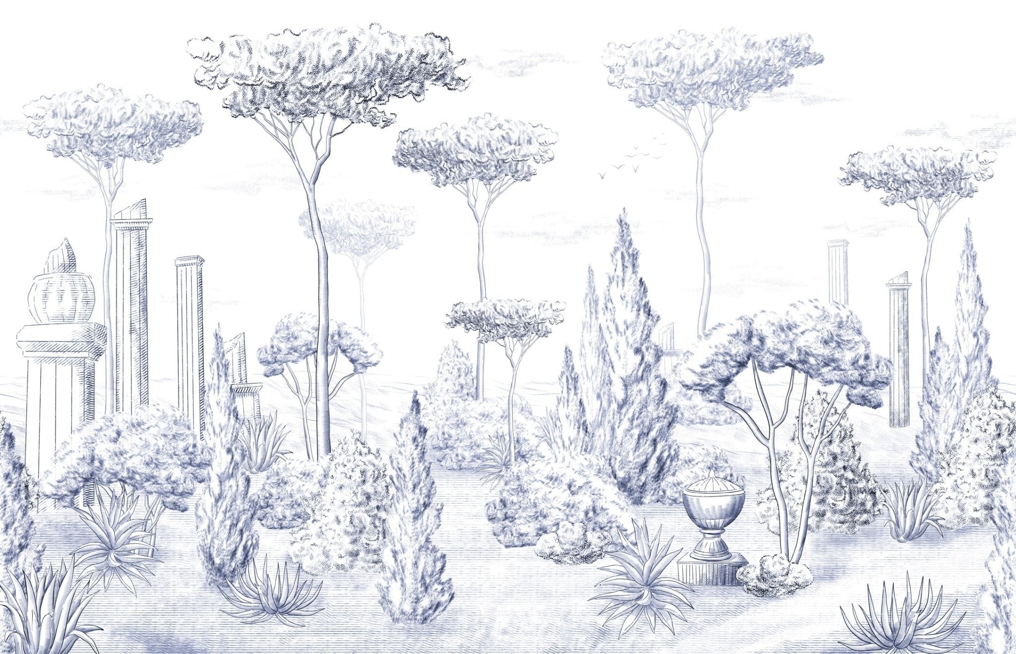 Papier peint style romain pinède bleu, mural concept, tendance