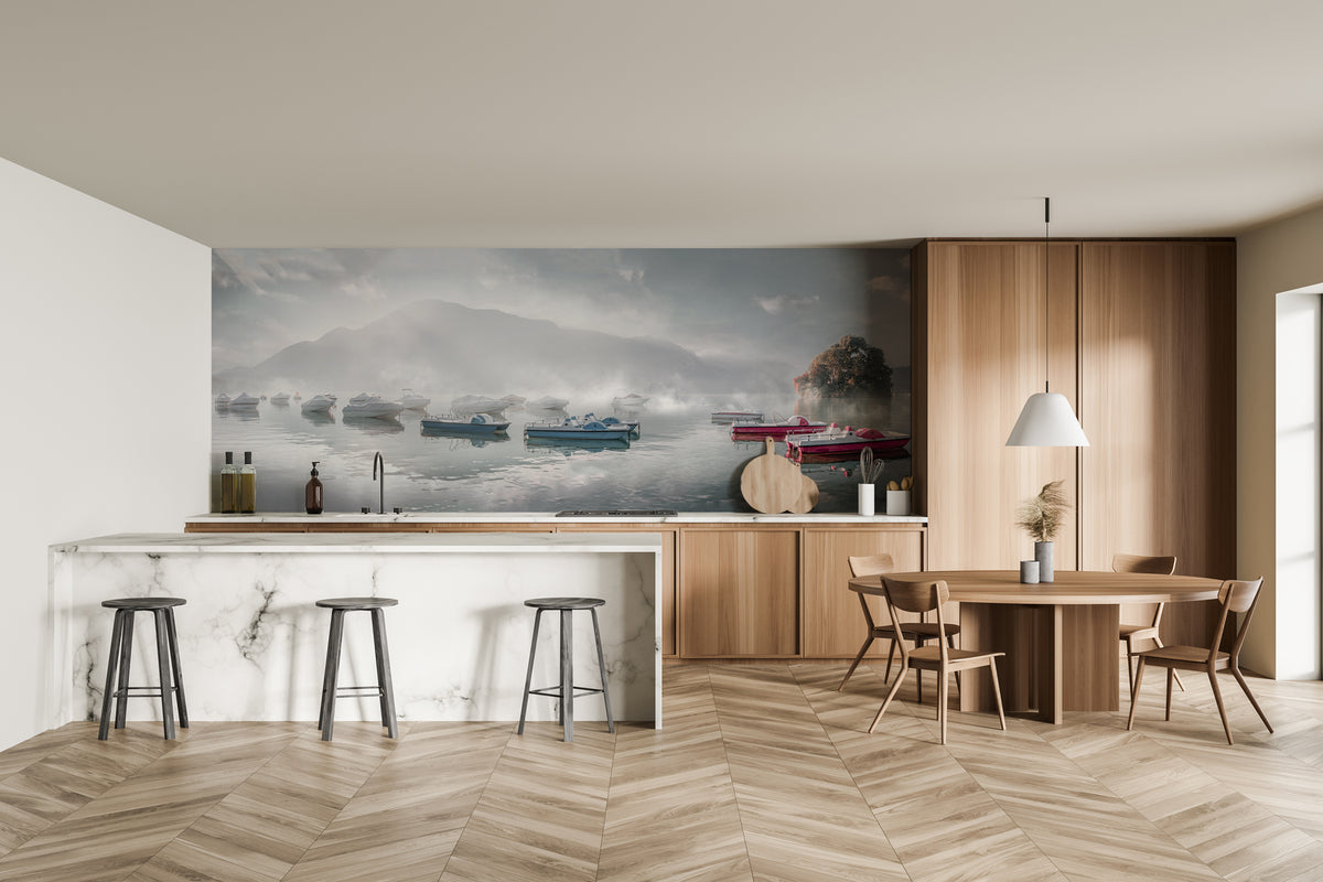 Carta da parati per un ristorante in una fresca mattinata sul lago di Annecy