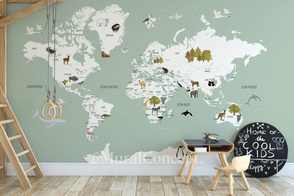 Carta da parati con mappamondo francese per bambini, verde