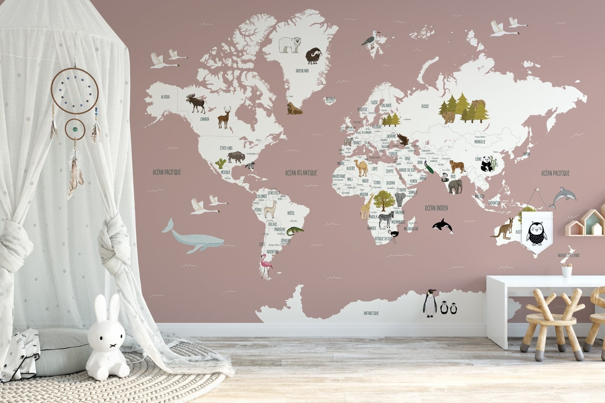 Papier peint Carte du monde en Francais enfant vieux rose, XXL, tendance