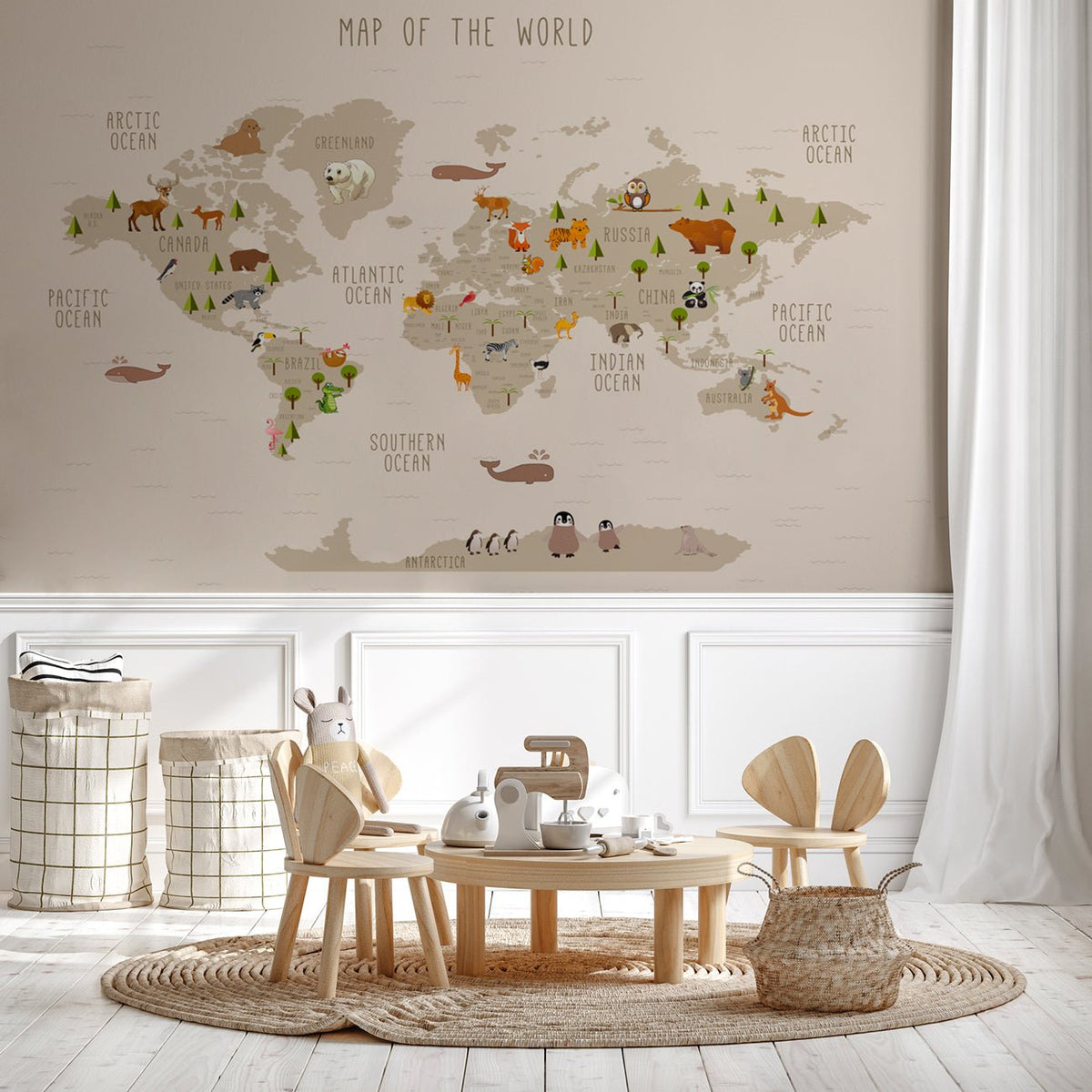 Mappa del mondo illustrata Animali beige