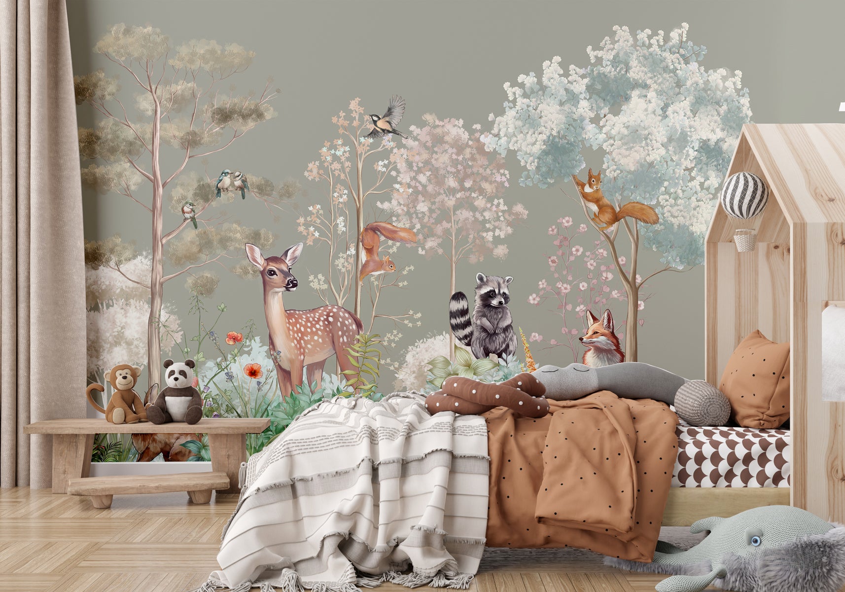 Papier peint chambre enfant nature magique sauge, mural concept, tendance