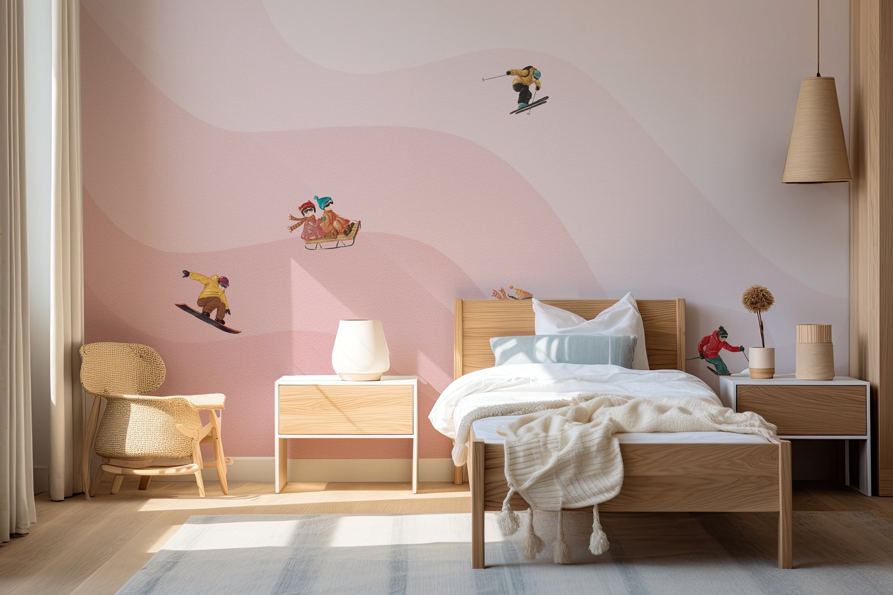 Papier peint enfant skieurs rose, XXL, tendance