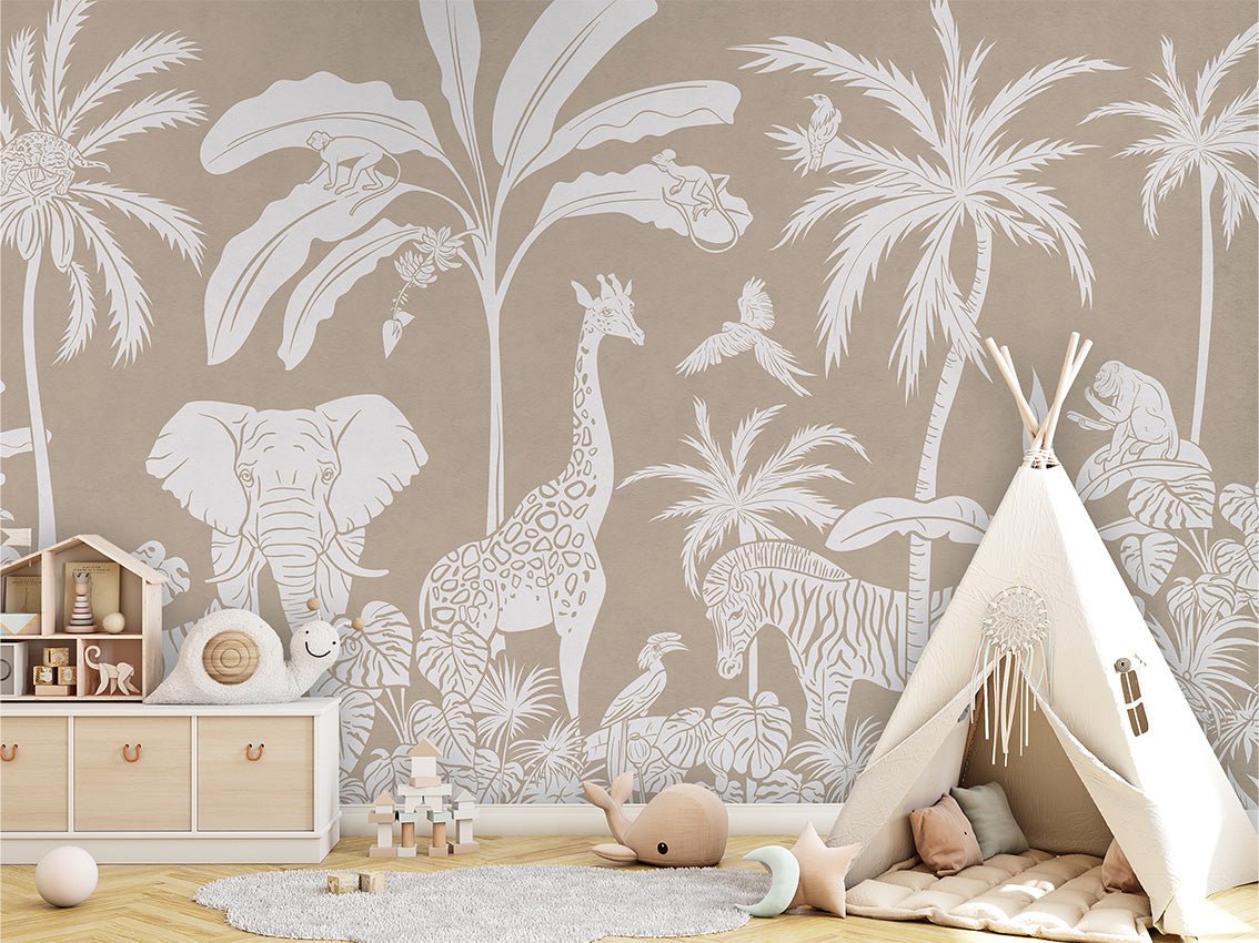 Papier peint enfant safari monochrome beige, XXL, tendance
