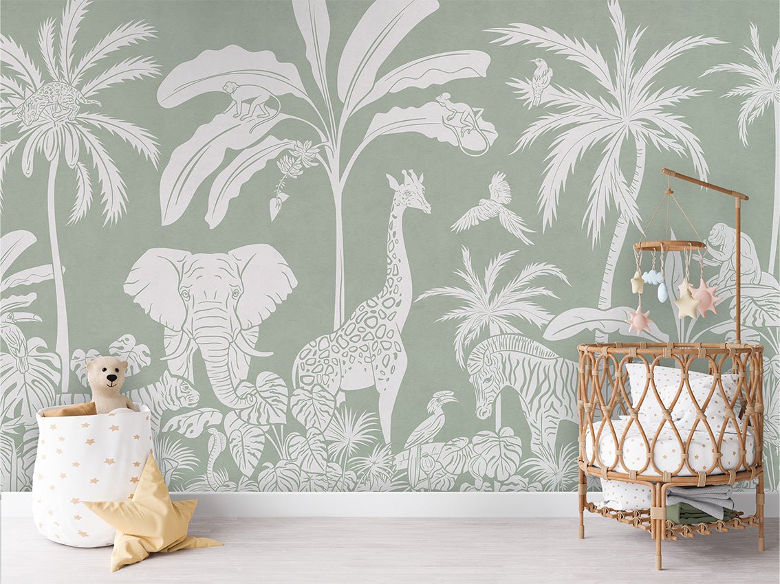 Papier peint enfant safari monochrome vert, XXL, tendance