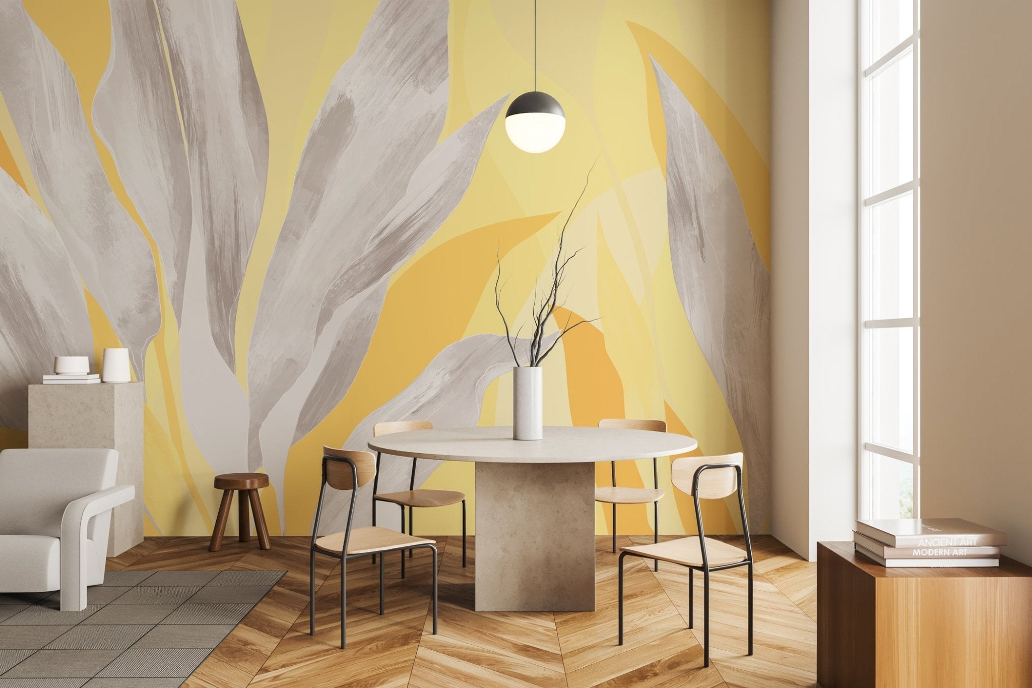 Papier peint étoffe florale jaune gris, XXL, tendance