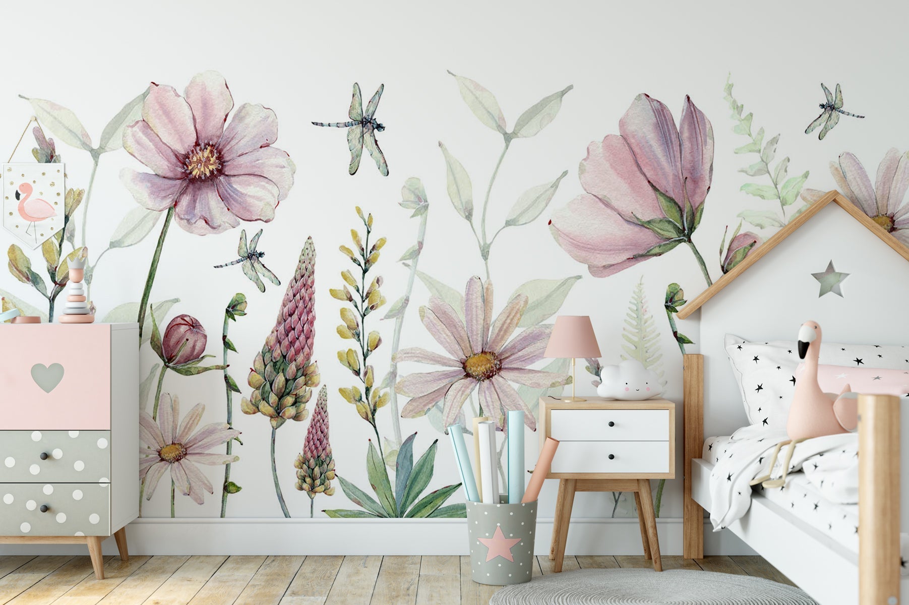 Papier peint fleurs et libellules, XXL, tendance