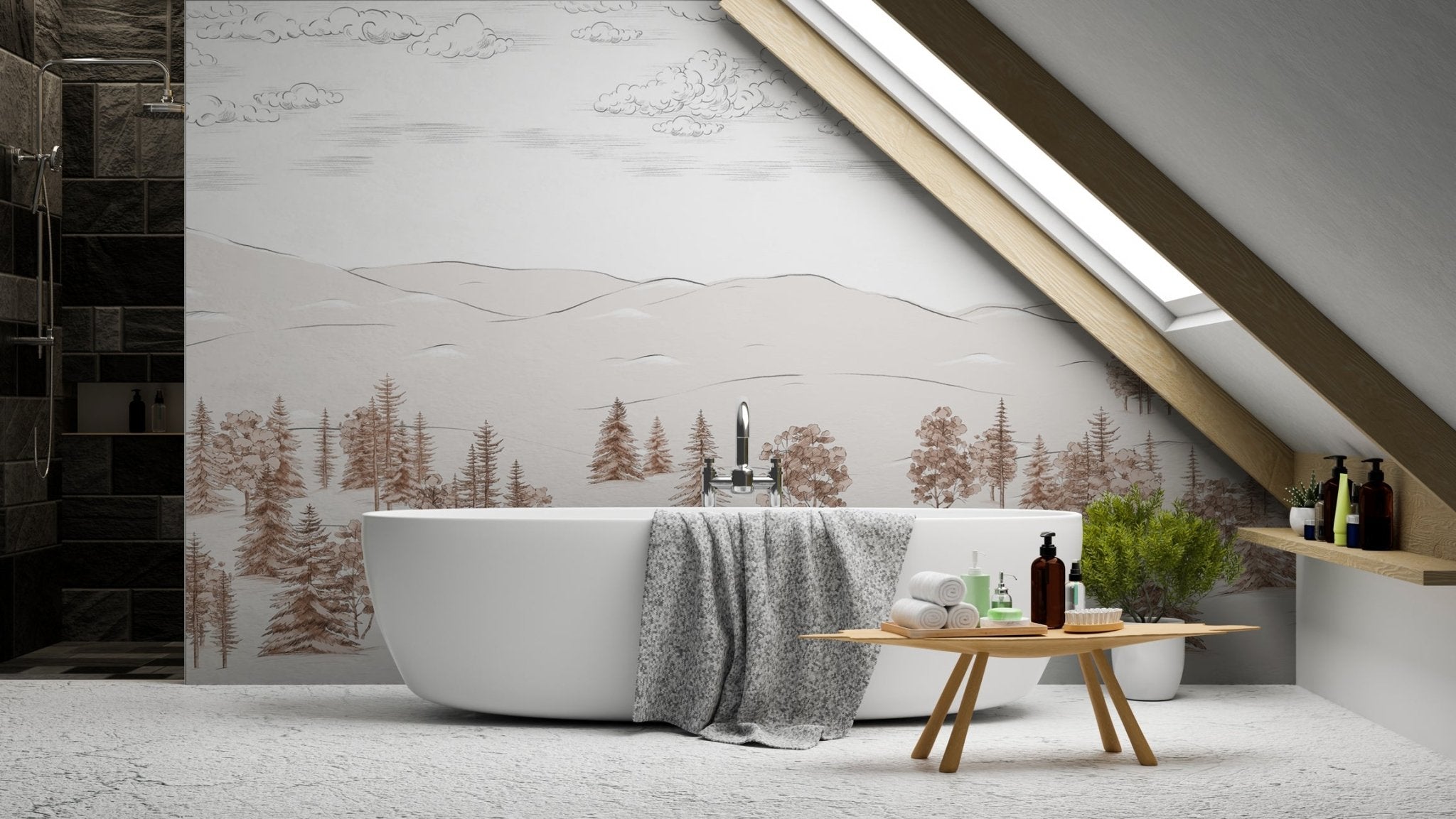 Papier peint esquisse de Cimes sépia, mural concept, tendance