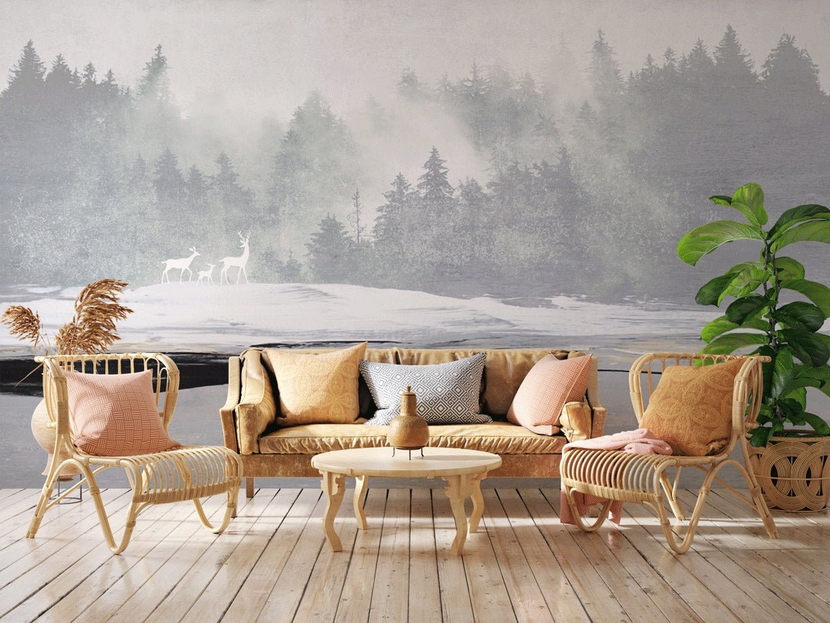 Papier peint forêt brumeuse et cerfs, XXL, tendance