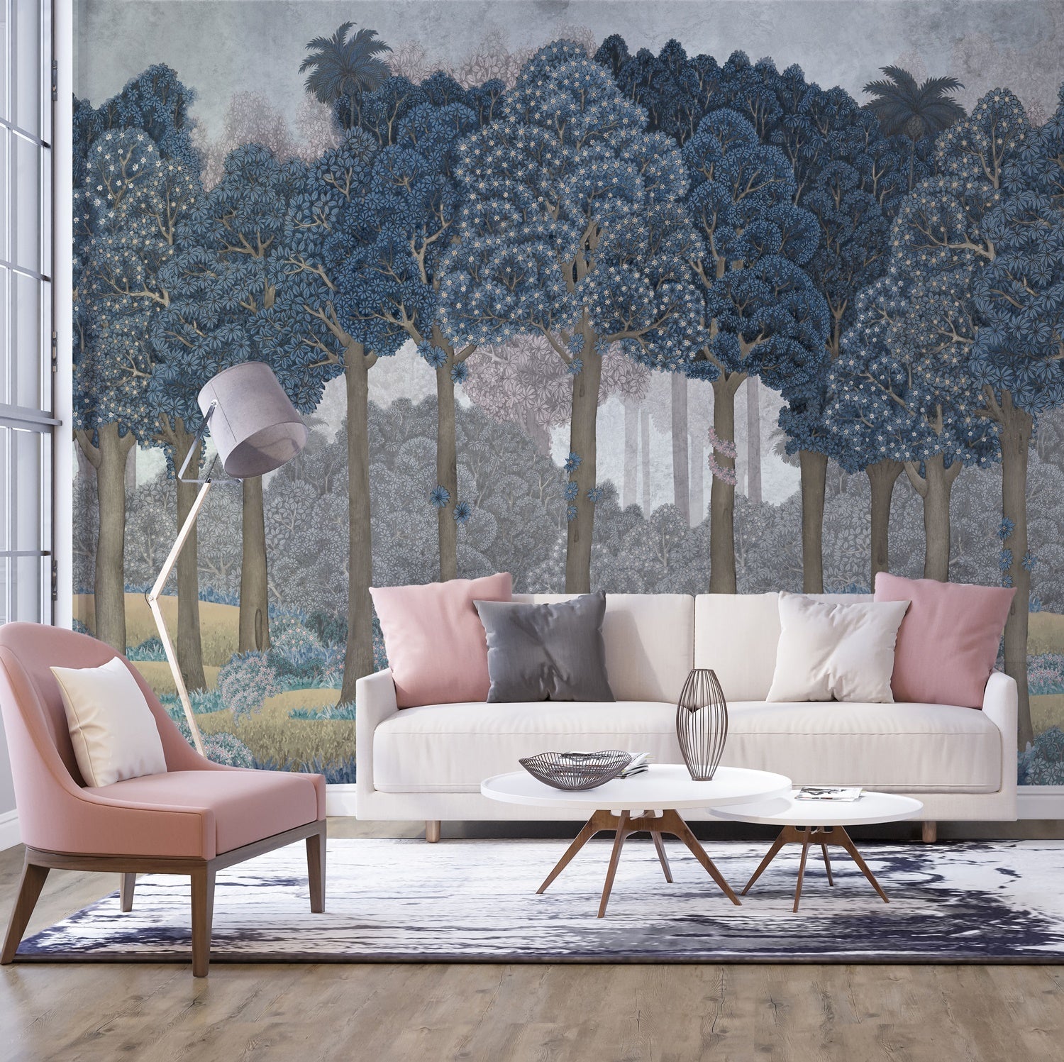 Papier peint grands arbres illustré, mural concept, tendance