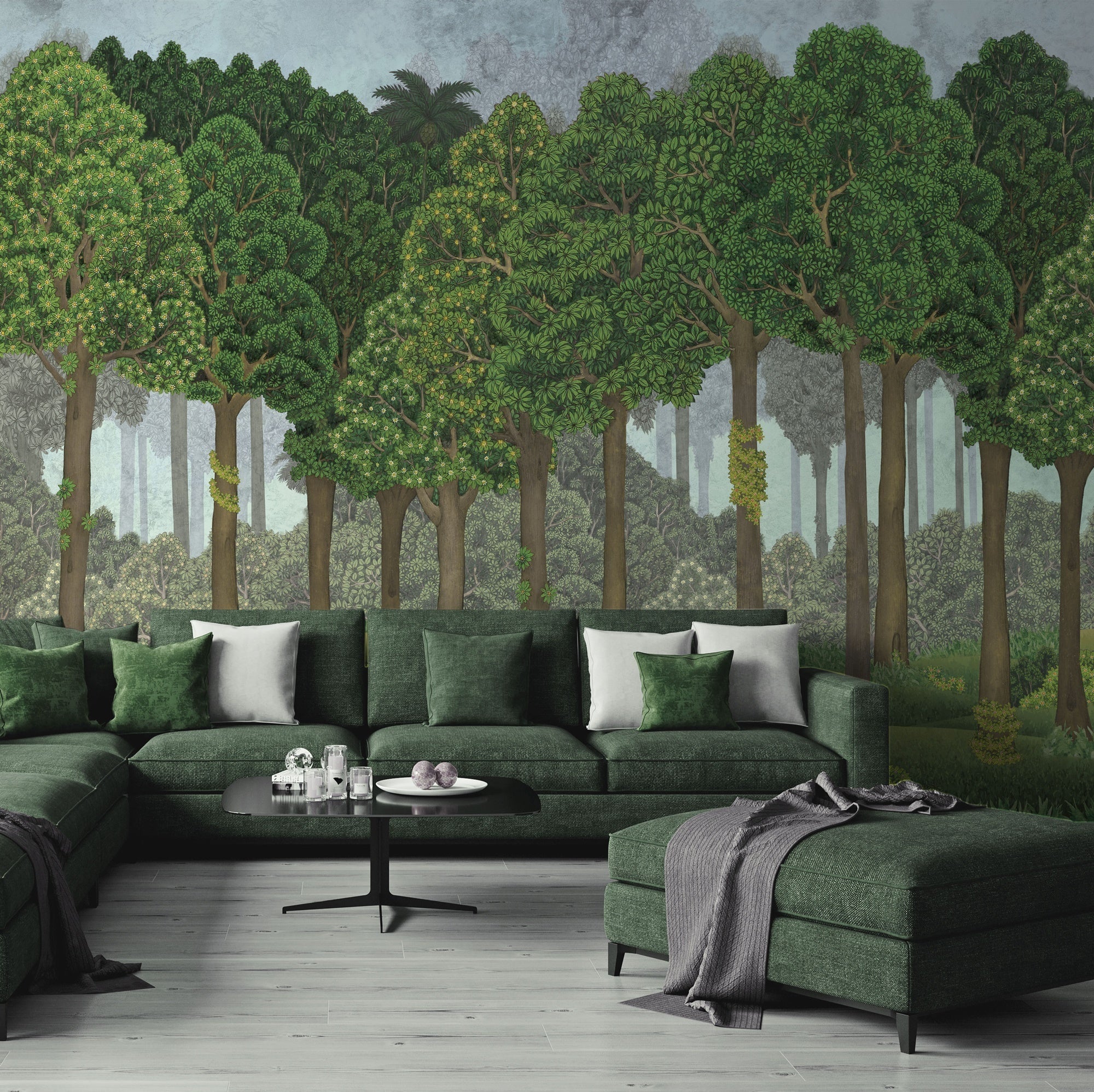 Papier peint grands arbres illustré, mural concept, tendance