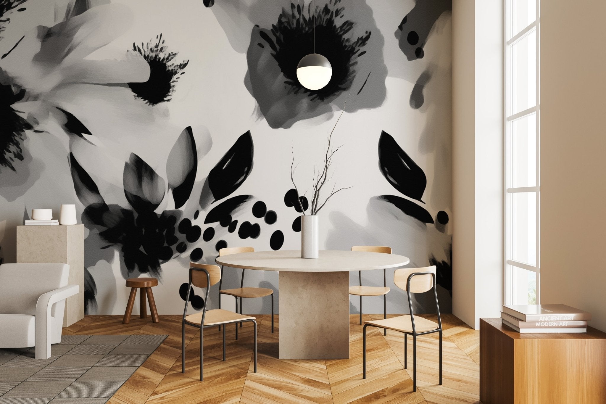 Papier peint fleur hypnotique noir et blanc, mural concept, tendance