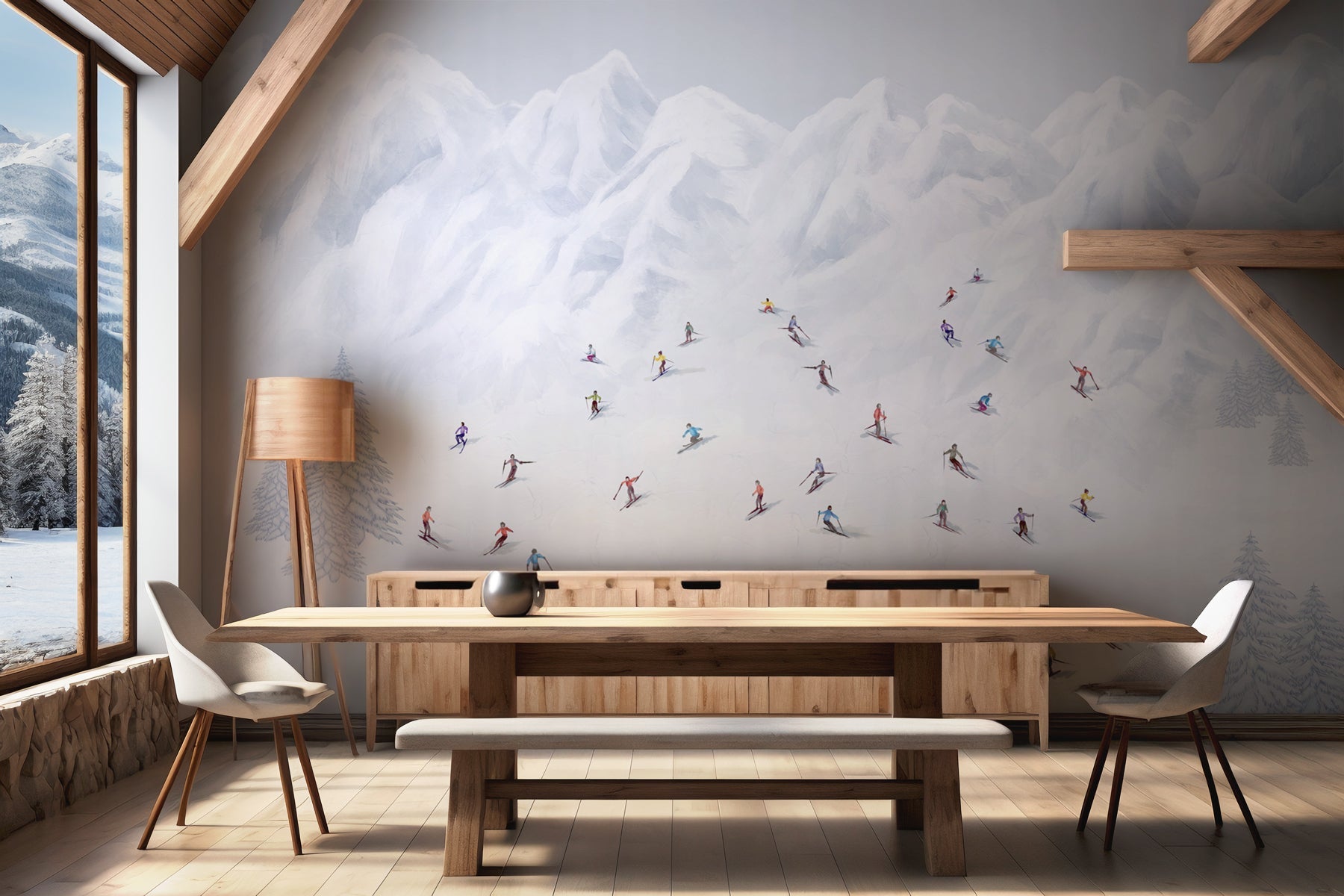 Papier peint montagne skieurs colorés, XXL, tendance